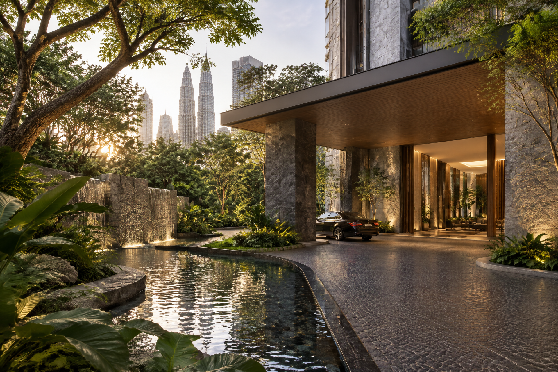 Nature-led arrival court with cascading greenery