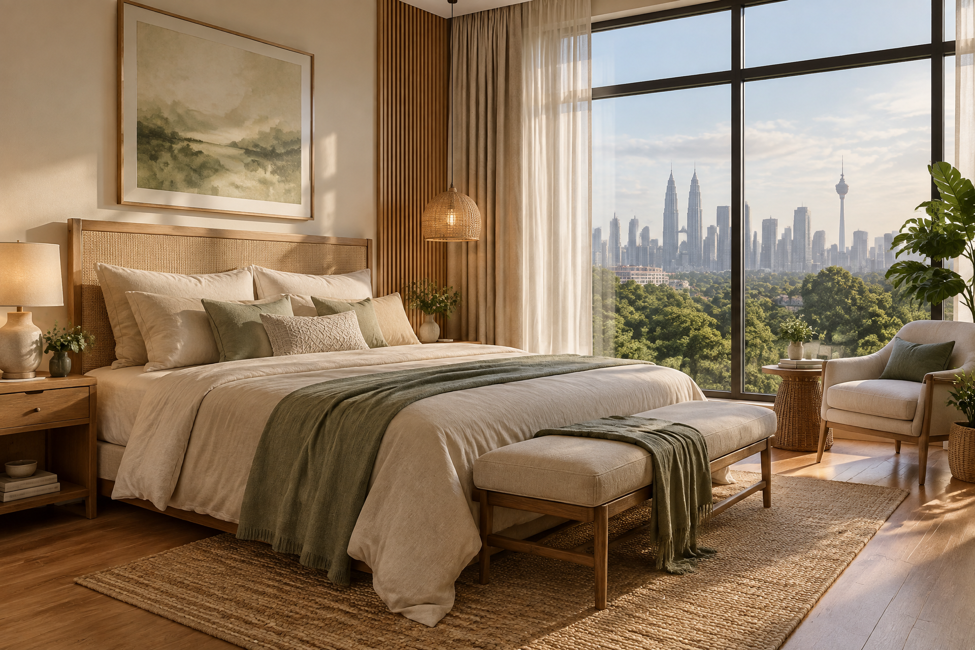 Calm, warm-toned bedroom interior