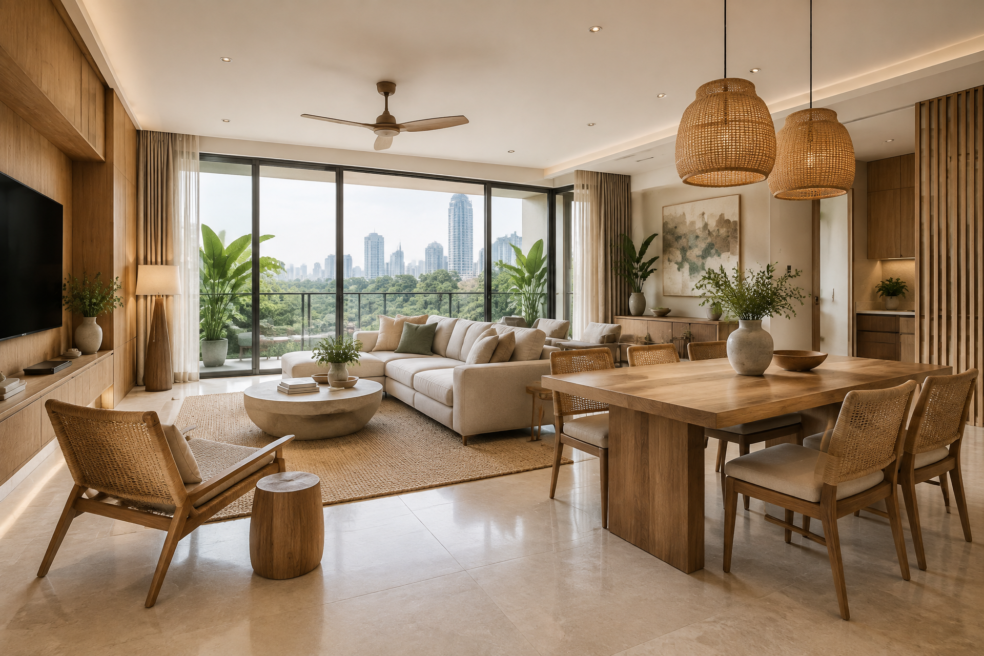 Warm wood and rattan living interior